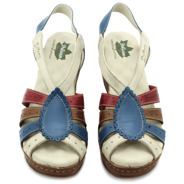 Sandália Anabela Feminina de Couro Legítimo com Palmilha Gel - Azul - Off - Vermelho - Castanho - 33 (NI014) OUTLET
