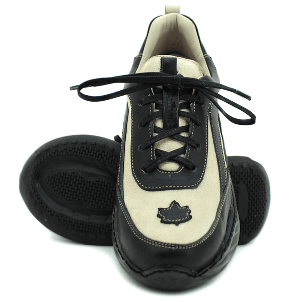 Tênis Feminino em Couro Legítimo com Palmilha em Gel - Bicolor Off - Preto - Sola Preta (CAF003)