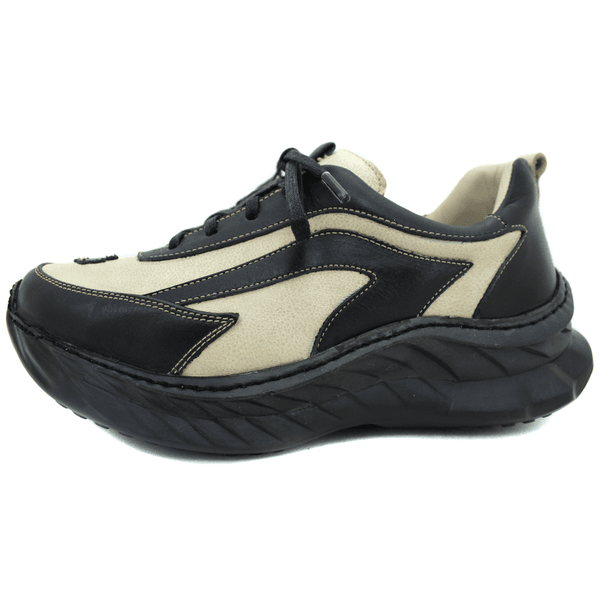Tênis Feminino em Couro Legítimo com Palmilha em Gel - Bicolor Off - Preto - Sola Preta (CAF003)
