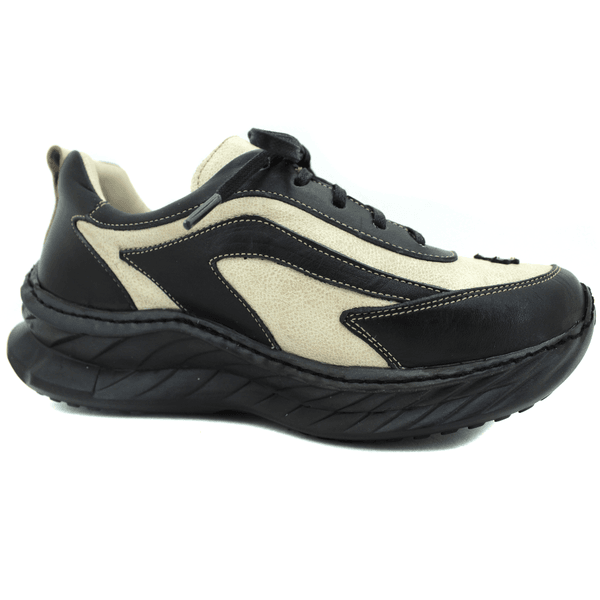 Tênis Feminino em Couro Legítimo com Palmilha em Gel - Bicolor Off - Preto - Sola Preta (CAF003)