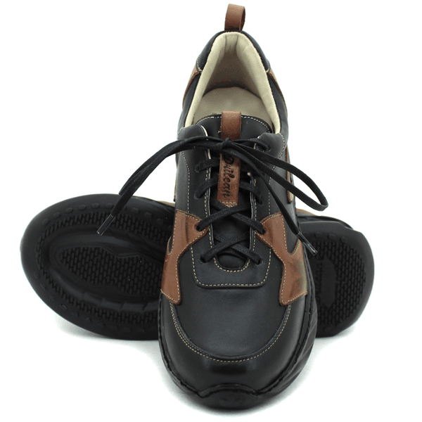 Tênis Feminino em Couro Legítimo com Palmilha em Gel - Preto - Castanho - Sola Preta (CAF005)