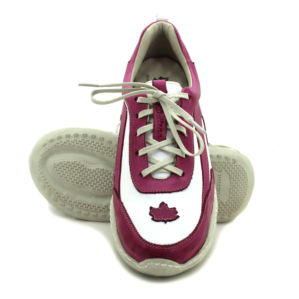 Tênis Feminino em Couro Legítimo com Palmilha em Gel - Branco - Violeta - Sola Off (CAF003)