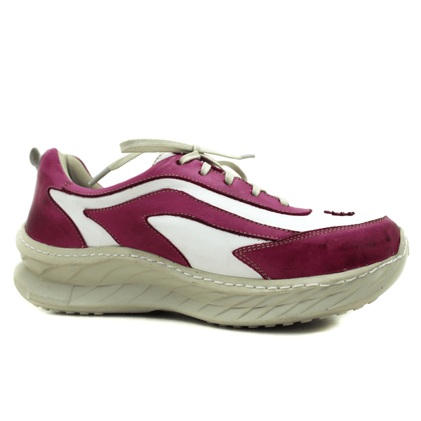 Tênis Feminino em Couro Legítimo com Palmilha em Gel - Branco - Violeta - Sola Off (CAF003)