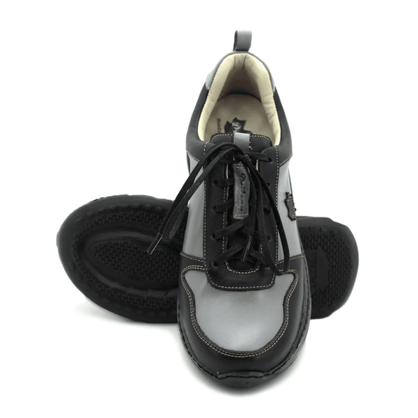 Tênis Feminino em Couro Legítimo com Palmilha em Gel - Grafite - Preto - Sola Preta (CAF001)