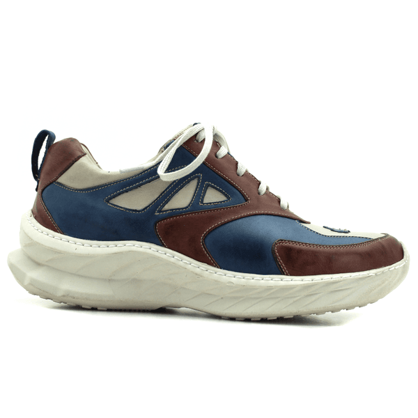 Tênis Masculino em Couro Legítimo com Palmilha em Gel - Azul - Castanho - Off White (CAM003)
