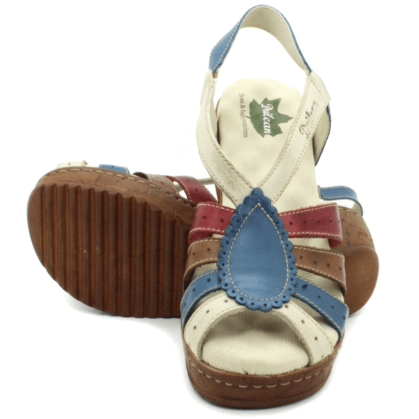 Sandália Anabela Feminina de Couro Legítimo com Palmilha Gel - Azul - Off - Vermelho - Castanho (NI014)