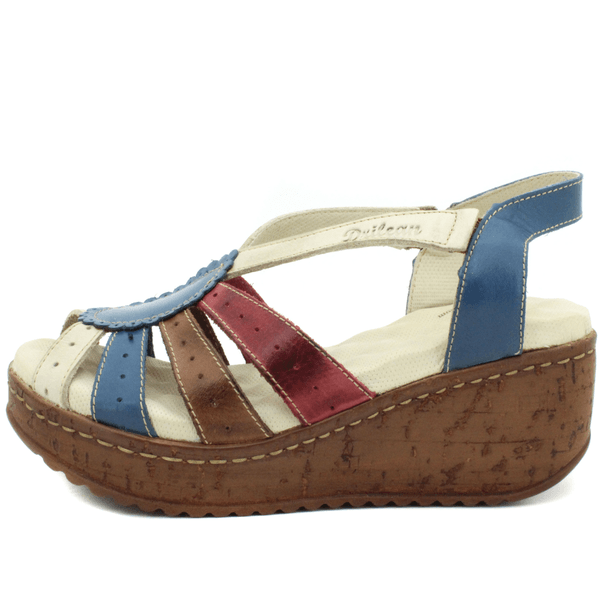 Sandália Anabela Feminina de Couro Legítimo com Palmilha Gel - Azul - Off - Vermelho - Castanho (NI014)
