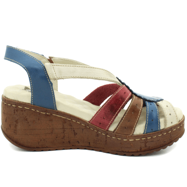 Sandália Anabela Feminina de Couro Legítimo com Palmilha Gel - Azul - Off - Vermelho - Castanho (NI014)