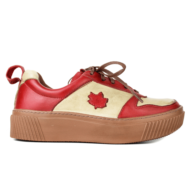 Tênis Feminino em Couro Legítimo com Palmilha em Gel - Areia/ Vermelho - Sola Castanho (LEV001)