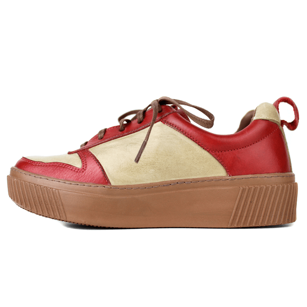 Tênis Feminino em Couro Legítimo com Palmilha em Gel - Areia/ Vermelho - Sola Castanho (LEV001)