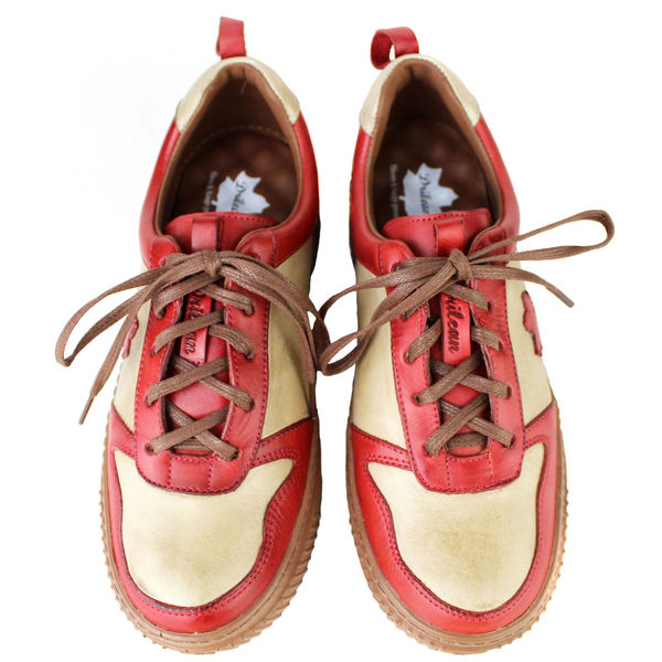 Tênis Feminino em Couro Legítimo com Palmilha em Gel - Areia/ Vermelho - Sola Castanho (LEV001)