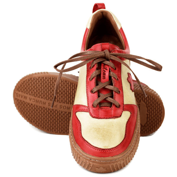 Tênis Feminino em Couro Legítimo com Palmilha em Gel - Areia/ Vermelho - Sola Castanho (LEV001)