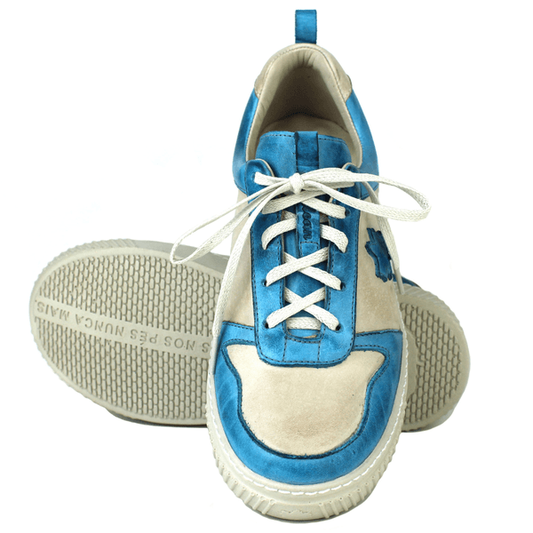 Tênis Feminino em Couro Legítimo com Palmilha em Gel - Off/ Turquesa - Sola Off (LEV001) 