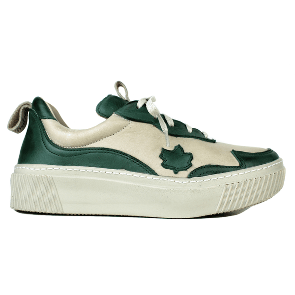 Tênis Feminino em Couro Legítimo com Palmilha em Gel - Off/ Verde - Sola Off (LEV002) 