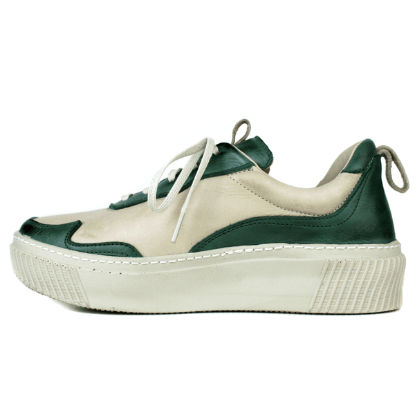 Tênis Feminino em Couro Legítimo com Palmilha em Gel - Off/ Verde - Sola Off (LEV002) 