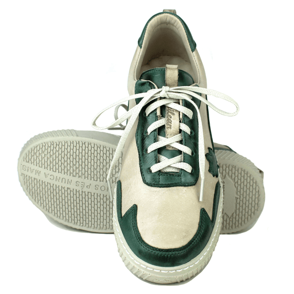 Tênis Feminino em Couro Legítimo com Palmilha em Gel - Off/ Verde - Sola Off (LEV002) 