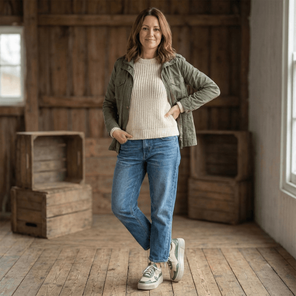 Tênis Feminino em Couro Legítimo com Palmilha em Gel - Off/ Verde - Sola Off (LEV002) 