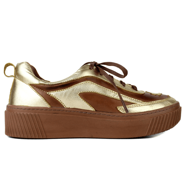 Tênis Feminino em Couro Legítimo com Palmilha em Gel - CASTANHO/ OURO - SOLA CASTANHO (LEV003)