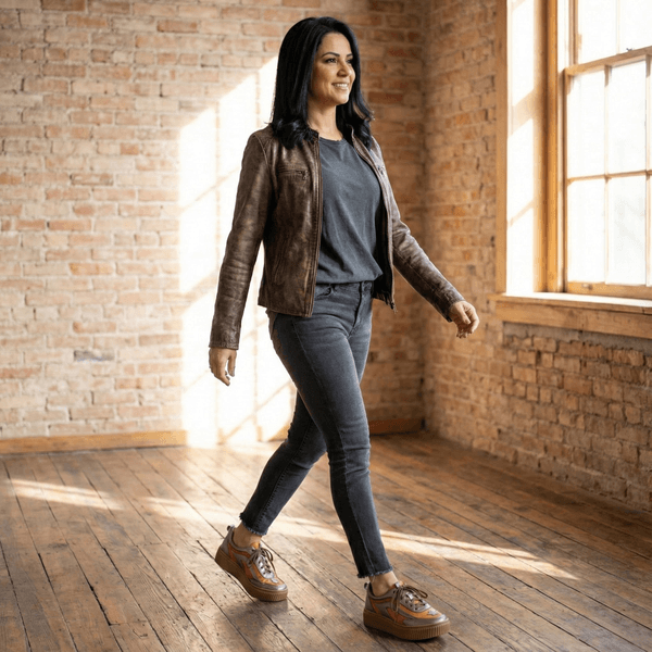 Tênis Feminino em Couro Legítimo com Palmilha em Gel - CORAL /ONIX - SOLA CASTANHO (LEV003) 