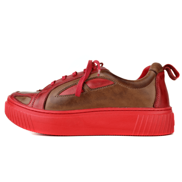 Tênis Feminino em Couro Legítimo com Palmilha em Gel - CASTANHO /VERMELHO - SOLA VERMELHA (LEV004)