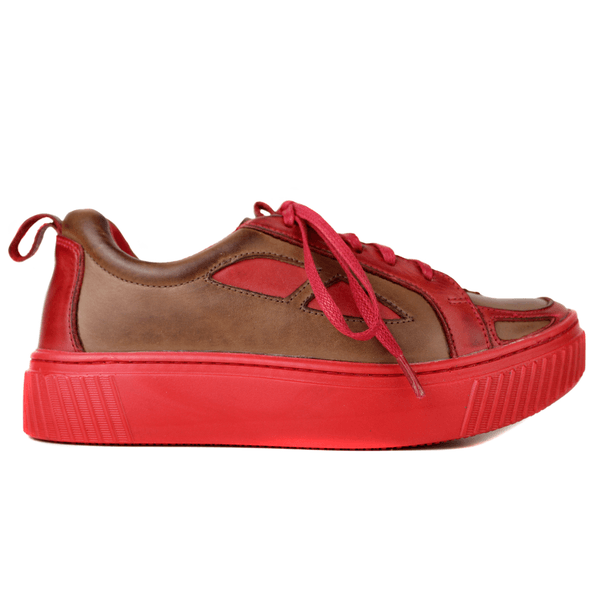 Tênis Feminino em Couro Legítimo com Palmilha em Gel - CASTANHO /VERMELHO - SOLA VERMELHA (LEV004)