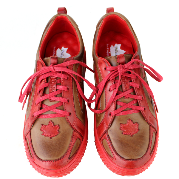 Tênis Feminino em Couro Legítimo com Palmilha em Gel - CASTANHO /VERMELHO - SOLA VERMELHA (LEV004)