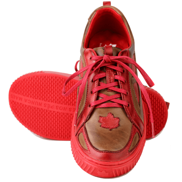 Tênis Feminino em Couro Legítimo com Palmilha em Gel - CASTANHO /VERMELHO - SOLA VERMELHA (LEV004)