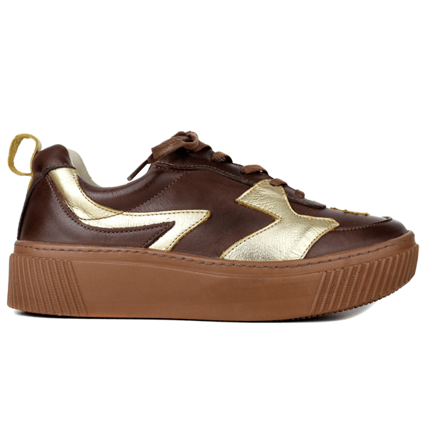 Tênis Feminino em Couro Legítimo com Palmilha em Gel - CAFÉ /OURO - SOLA CASTANHO (LEV005) 