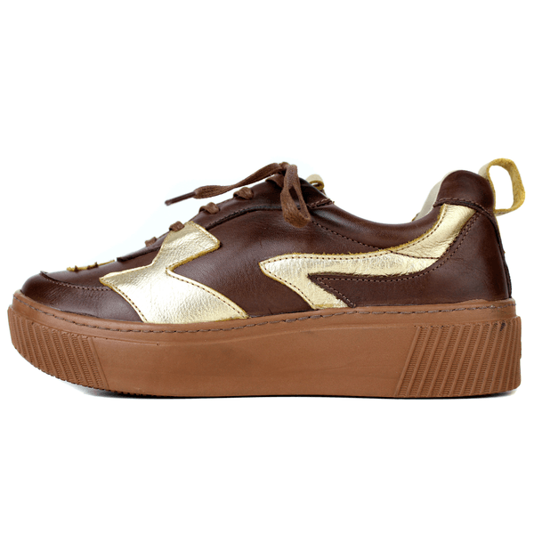 Tênis Feminino em Couro Legítimo com Palmilha em Gel - CAFÉ /OURO - SOLA CASTANHO (LEV005) 