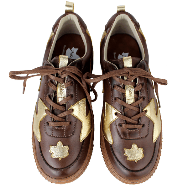 Tênis Feminino em Couro Legítimo com Palmilha em Gel - CAFÉ /OURO - SOLA CASTANHO (LEV005) 