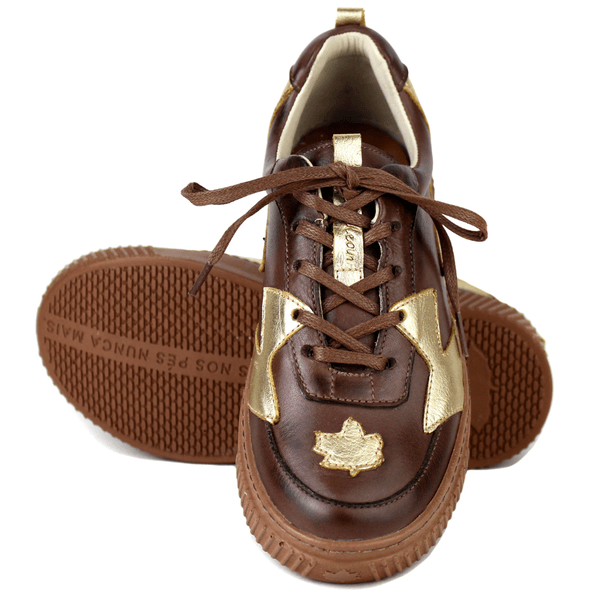 Tênis Feminino em Couro Legítimo com Palmilha em Gel - CAFÉ /OURO - SOLA CASTANHO (LEV005) 