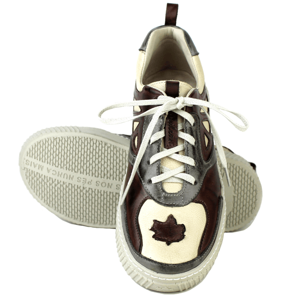 Tênis Feminino em Couro Legítimo com Palmilha em Gel - CAFÉ /GRAFITE /BICOLOR OFF - SOLA OFF (LEV006)