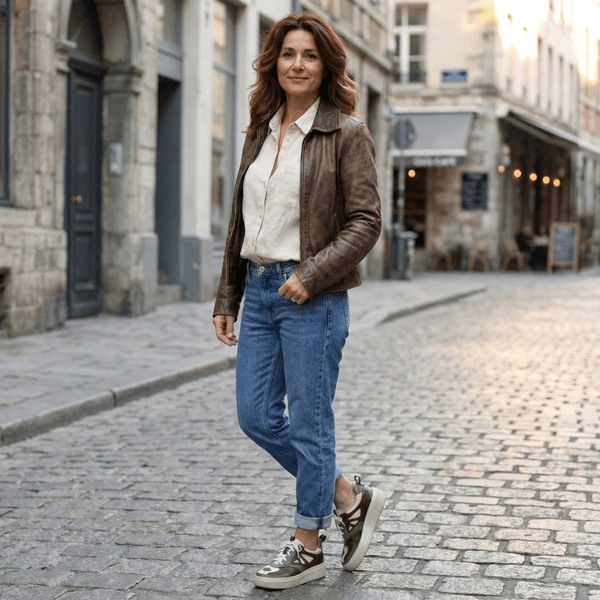 Tênis Feminino em Couro Legítimo com Palmilha em Gel - CAFÉ /GRAFITE /BICOLOR OFF - SOLA OFF (LEV006)