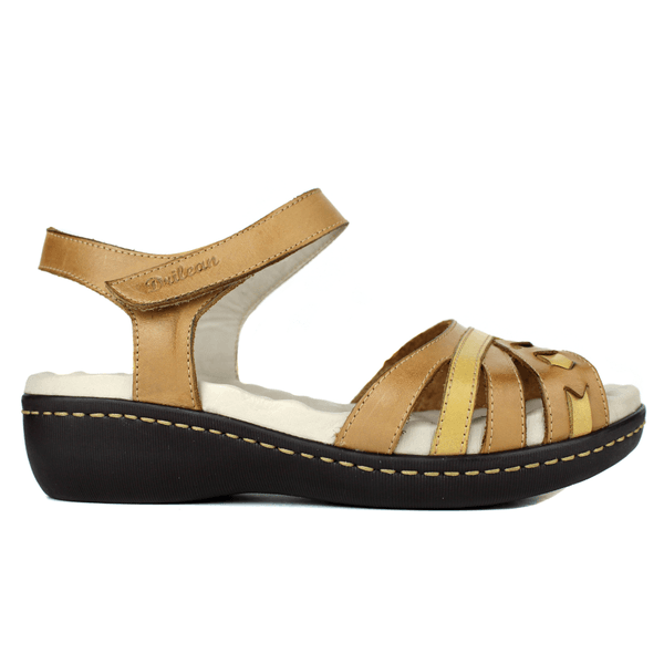 Sandália Feminina Anatômica em Couro Legítimo e Palmilha Gel - Caramelo /Amarelo (MA001)