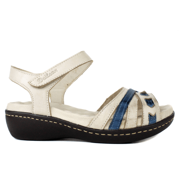 Sandália Feminina Anatômica em Couro Legítimo e Palmilha Gel - Off White /Azul (MA001) 