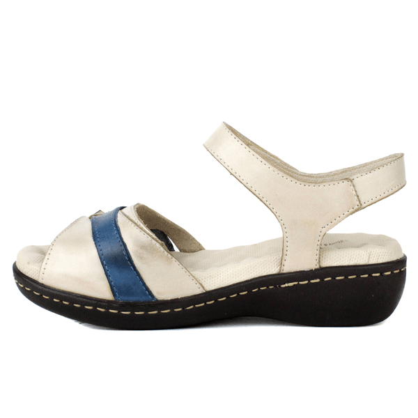 Sandália Feminina Anatômica em Couro Legítimo e Palmilha Gel - Off White /Azul (MA001) 
