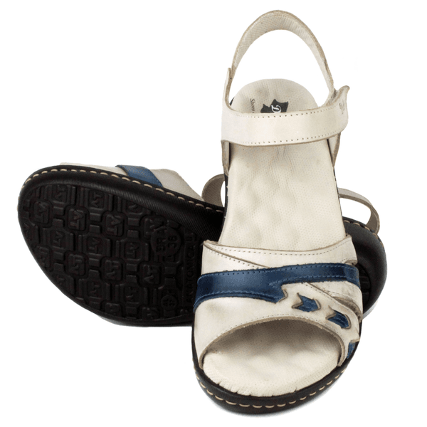 Sandália Feminina Anatômica em Couro Legítimo e Palmilha Gel - Off White /Azul (MA001) 