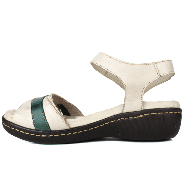 Sandália Feminina Anatômica em Couro Legítimo e Palmilha Gel - Off White /Verde - Sola Café (MA001)