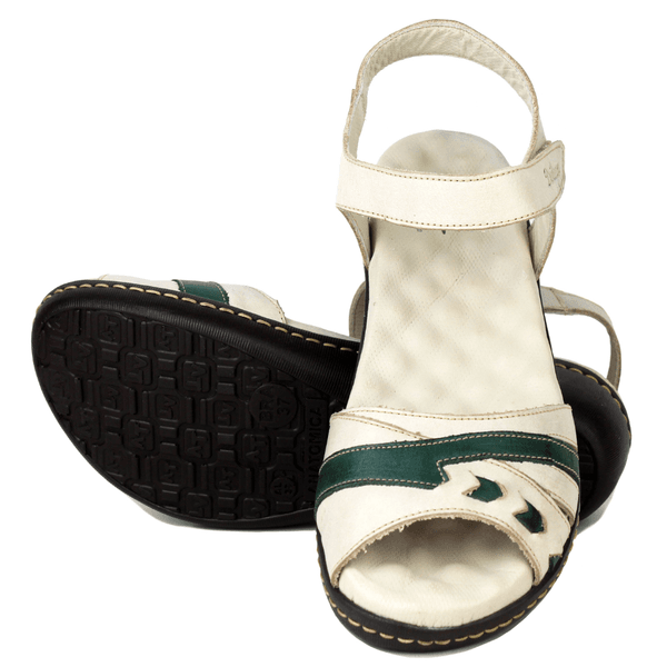Sandália Feminina Anatômica em Couro Legítimo e Palmilha Gel - Off White /Verde - Sola Café (MA001)