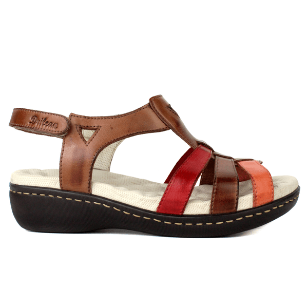 Sandália Feminina Anatômica em Couro Legítimo e Palmilha Gel - CASTANHO /VERMELHO /CASTANHO /CORAL (MA005) 