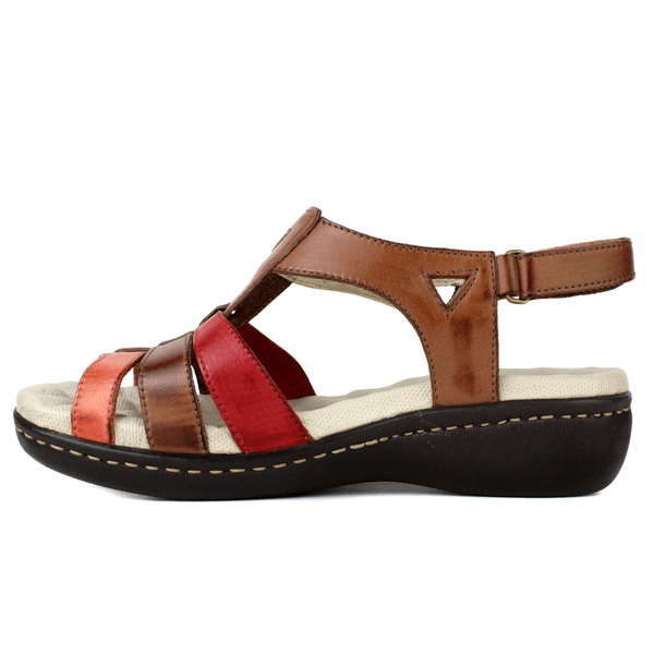 Sandália Feminina Anatômica em Couro Legítimo e Palmilha Gel - CASTANHO /VERMELHO /CASTANHO /CORAL (MA005) 