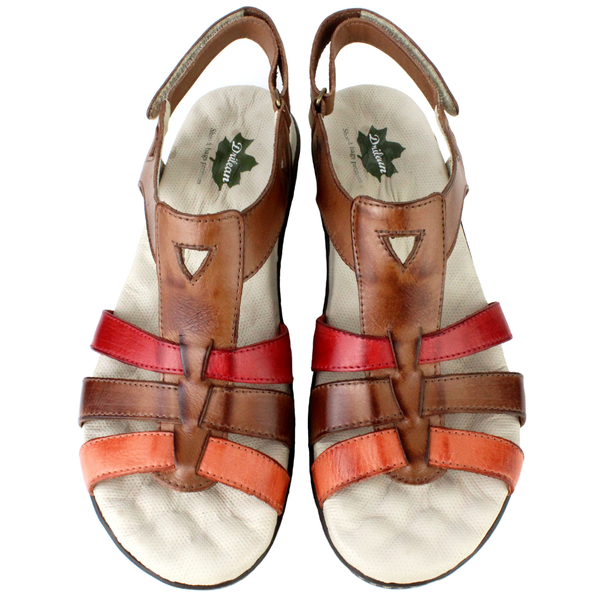 Sandália Feminina Anatômica em Couro Legítimo e Palmilha Gel - CASTANHO /VERMELHO /CASTANHO /CORAL (MA005) 