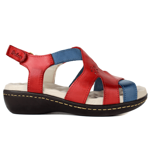 Sandália Feminina Anatômica em Couro Legítimo e Palmilha Gel - Vermelho /Azul (MA007)