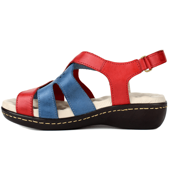 Sandália Feminina Anatômica em Couro Legítimo e Palmilha Gel - Vermelho /Azul (MA007)
