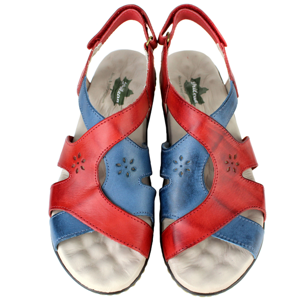 Sandália Feminina Anatômica em Couro Legítimo e Palmilha Gel - Vermelho /Azul (MA007)