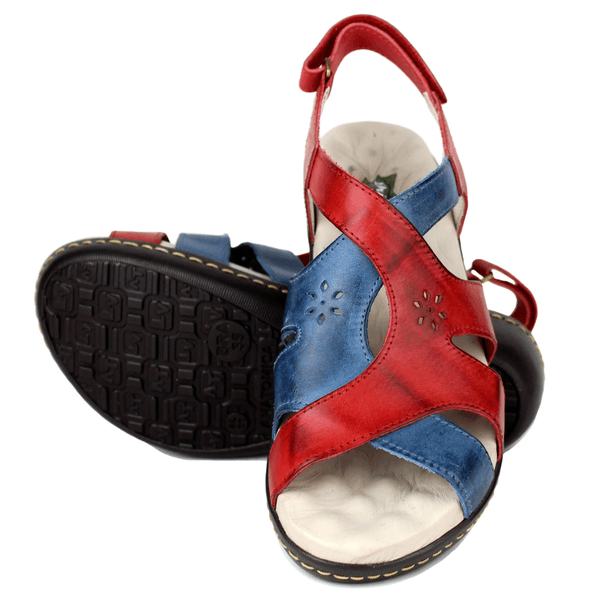 Sandália Feminina Anatômica em Couro Legítimo e Palmilha Gel - Vermelho /Azul (MA007)