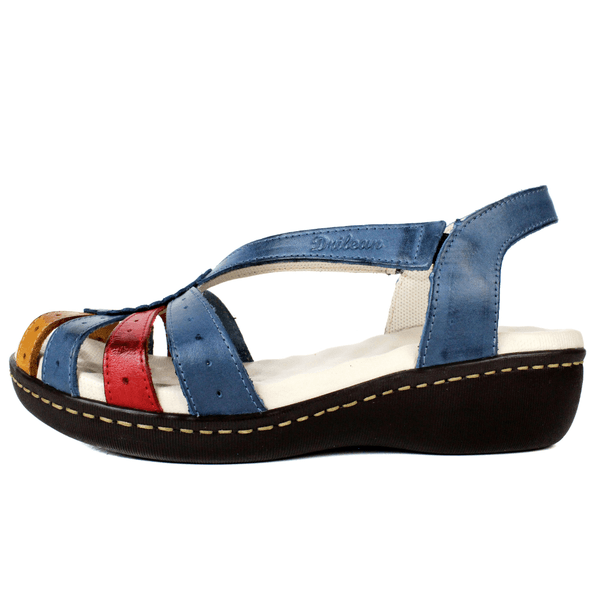 Sandália Feminina Anatômica em Couro Legítimo e Palmilha Gel - Azul/Vermelho/Amarelo (MA014)
