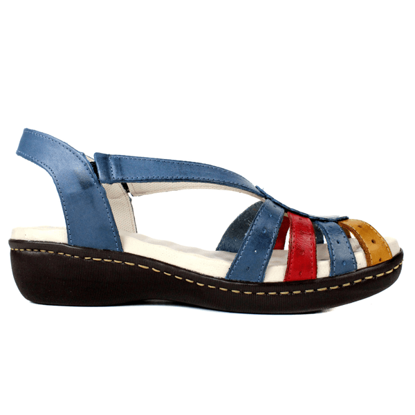 Sandália Feminina Anatômica em Couro Legítimo e Palmilha Gel - Azul/Vermelho/Amarelo (MA014)
