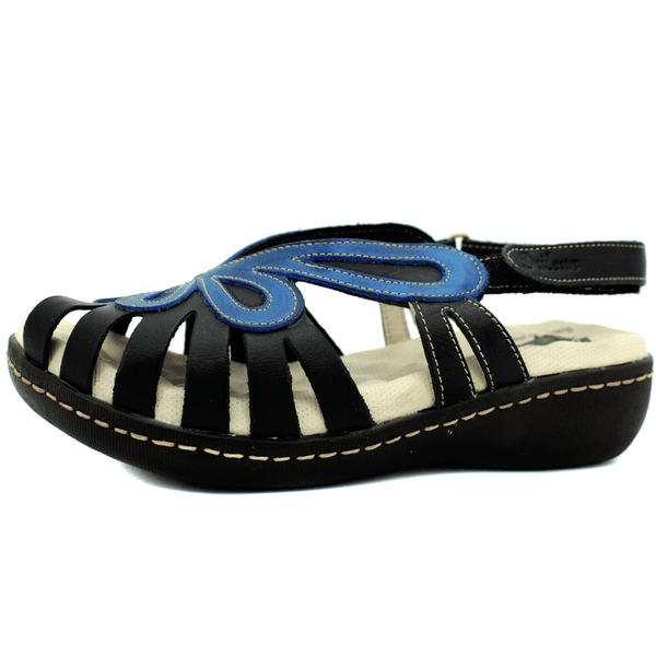 Sandália Feminina Anatômica em Couro Legítimo e Palmilha Gel - Preto - Azul (MA017)
