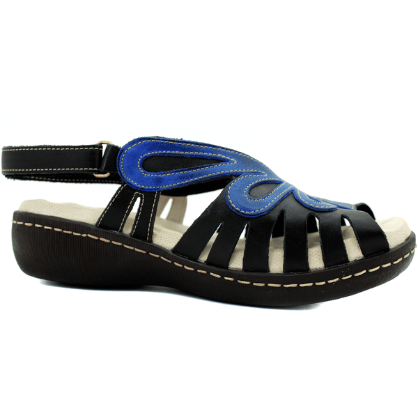 Sandália Feminina Anatômica em Couro Legítimo e Palmilha Gel - Preto - Azul (MA017)
